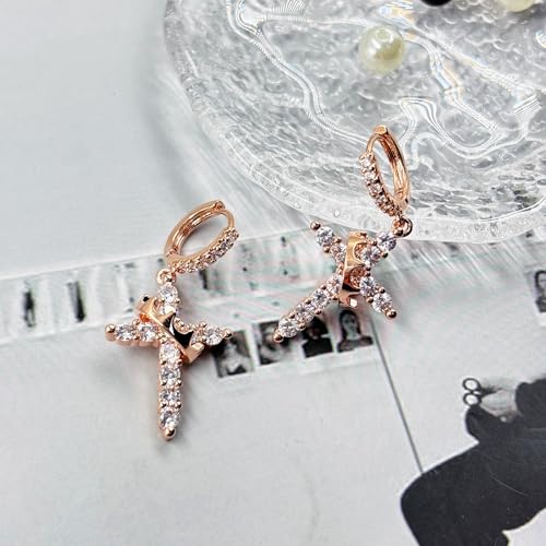 Crown Cross Earrings for Women Gold Cross Hoop Earrings Silver Crystal Crown Huggie Earring Dainty Cute Religious Dangle Earring Trendy Jewelry Accessories - color: rose gold