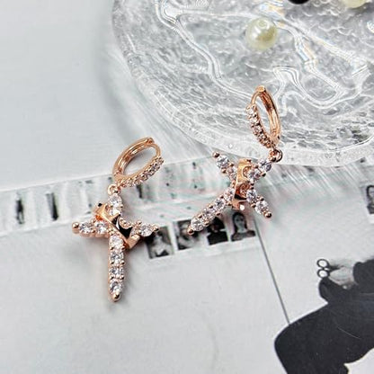 Crown Cross Earrings for Women Gold Cross Hoop Earrings Silver Crystal Crown Huggie Earring Dainty Cute Religious Dangle Earring Trendy Jewelry Accessories - color: rose gold