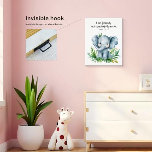 SZERE Woodland Nursery Animals Bible Verse Canvas Wall Art Decor Prints Posters, Cute Baby Elephant Forest Nursery Room Bedroom Bathroom Playroom Wall Art Decor for Nursery Kids Teen Girls Gifts, Christian Psalm 91 Wall Art Classroom Wall Decor, Canvas Fr