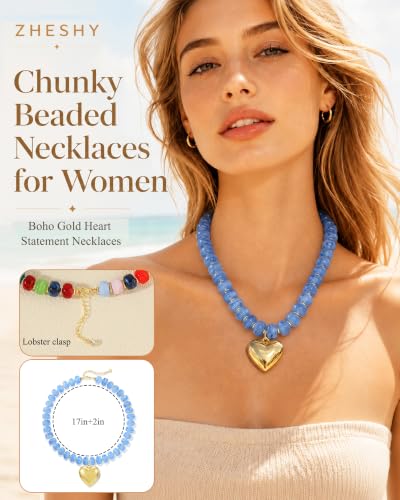 ZHESHY Chunky Beaded Necklaces for Women Heart Cross Statement Necklace - color: Blue 2