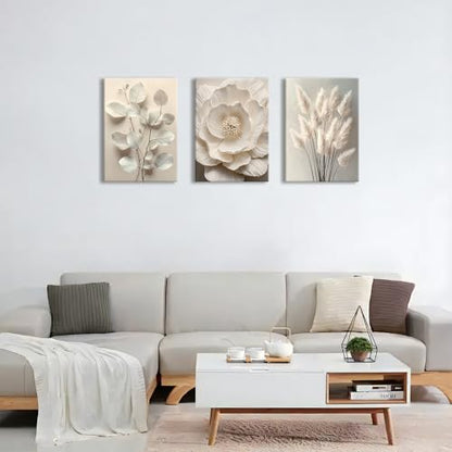 WENGTIAO 3Pcs Beige Floral Botanical Frame Canvas Wall Art 20"x28"x3 - color: Flower-White botanical, size: 20"x28"x3Pcs