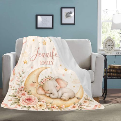 Personalized Baby Elephant Blanket with Name, Floral Moon and Stars - color: Baby Blanket #1