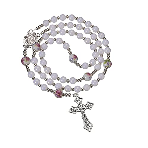 8mm Purple Pearl Beads Catholic Rosary Glass Beaded Acrylic String Necklace White Ceramics Bead Rosary Miraculous Medal Crucifix Cross Gift for Women Girls - color: White