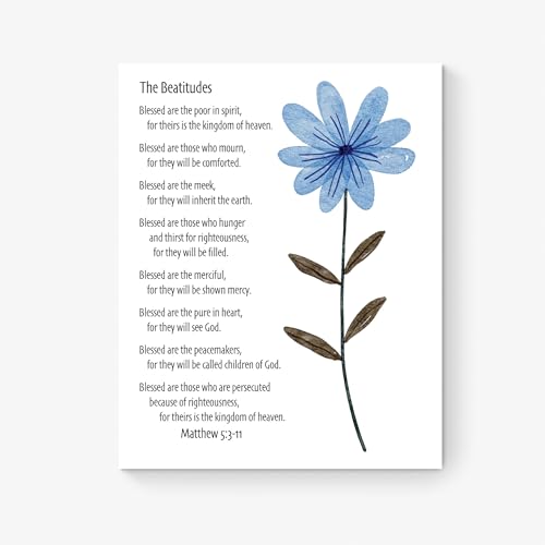 The Beatitudes Artwork | Matthew 5:3–11 Bible Verse Wall Art | Blue Watercolor Flower Design | Christian Wall Decor | Unframed Giclée Print | Scripture Poster | Home Decor | Religious Art Print (8x10) - color: BlueFlower, size: 10"L x 8"W
