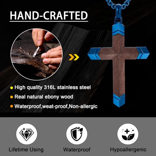 Wooden Cross Necklace for Men with Stainless Steel Adjustable Chain 24-26in, Christian Wood Crucifix Pendant Gift for Him - style: Blue Ebony