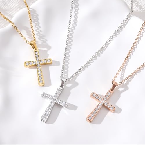 Gold Cross Necklace for Women Diamond Necklace for Women Sparkling Cubic Zirconia Pendant 18K Gold Plated Cross Pendant Religious Jewelry with Diamond Birthday Gift Christian Gifts for Her - color: Gold, style: Large cross