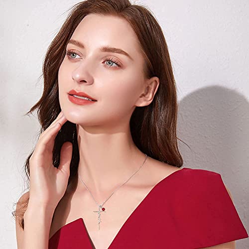 PRAYMOS Faith Cross Necklace for Women 925 Sterling Silver Pendant Necklace With Birthstone Initial Christian Religious Confirmation Baptism Mothers Day Gifts - color: 2-Silver July(Ruby)