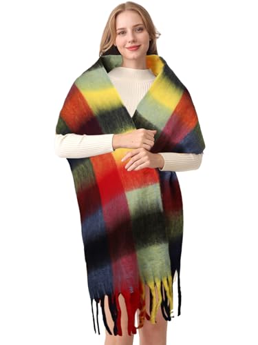 HOTIAN Women's Large Scarf Colorful Chunky Plaid Scarves Soft Winter Thick Tassel Warm Wrap Shawl - color: Deep Blue Red