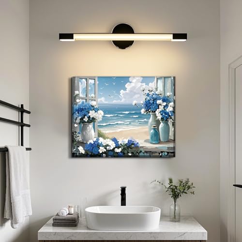 Coastal Flower Bathroom Canvas Wall Art Farmhouse Blue Bathroom Wall Decor - color: Beach Wall Art Canvas Prints (Ready to Hang)
