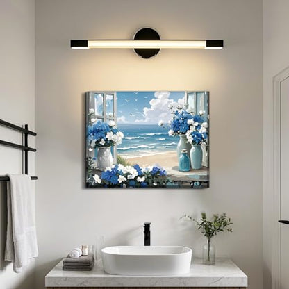 Coastal Flower Bathroom Canvas Wall Art Farmhouse Blue Bathroom Wall Decor - color: Beach Wall Art Canvas Prints (Ready to Hang)