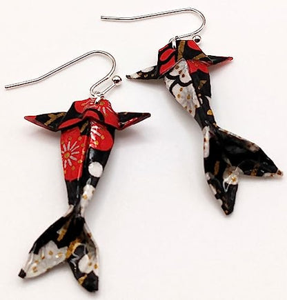 Paper Origami Koi Fish Earrings, 6 Color Patterns - color: Black Red White