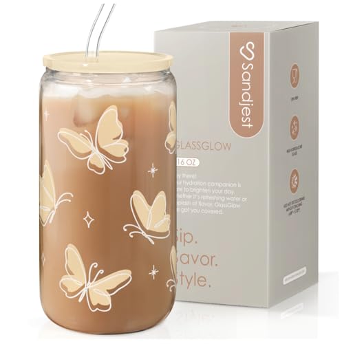 SANDJEST Butterfly Glass Can, Iced Coffee Aesthetic,Cup, Gifts for Christmas Birthday, Gift for Women Girls, 16oz - color: Butterfly