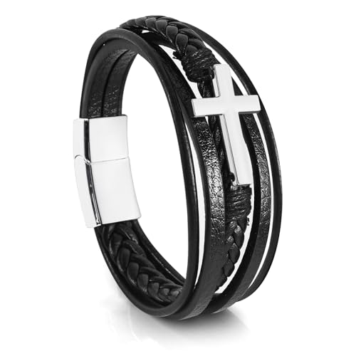Leather Bracelet for Men Braided Stainless Steel Mens Bracelets - color: Black-SilverCross