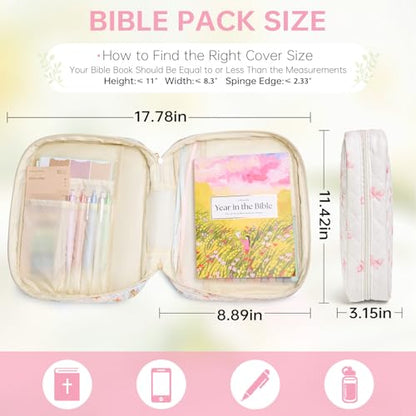 Bible Bag Cover Case for Women Study Supplies Kit Church Book Holder - color: Pink Bow