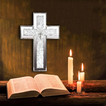 GIMORRTO Cross Wall and Table Decor, Glass Mirrored Surface, Modern Style, Religious Theme, Silver, 15 x 5 Inches, Indoor (15")