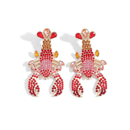 Creative Exaggerated Ocean Animal Drop Dangle Earrings for Women, Bohemia Style Alloy Lobster Octopus Fish Crab Earrings for Summer Beach Holiday Party Jewelry Gifts - style: Pink Red Rhinestone Lobster Earrings-H