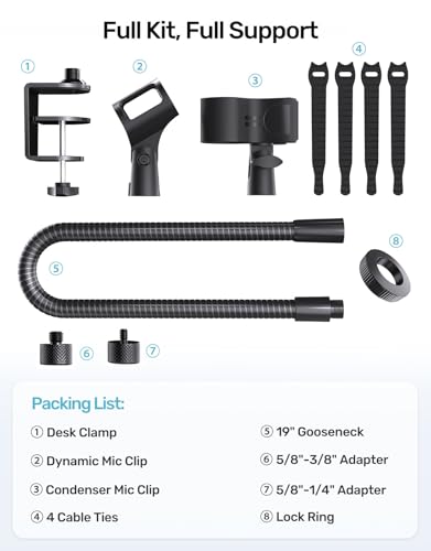 19" Gooseneck Microphone Stand for Desk, Clamp-On Arm with Heavy-Duty Clamp - size: Heavy-Duty Clamp