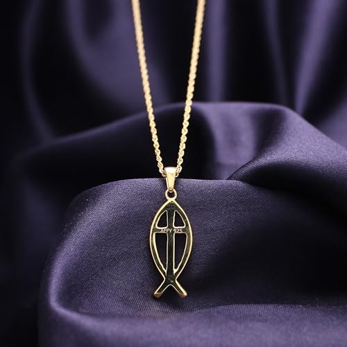 Christian Fish Cross Pendant Necklace for Women Religious Faith Jewelry - color: yellow-gold-plated-silver