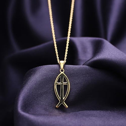 Christian Fish Cross Pendant Necklace for Women Religious Faith Jewelry - color: yellow-gold-plated-silver