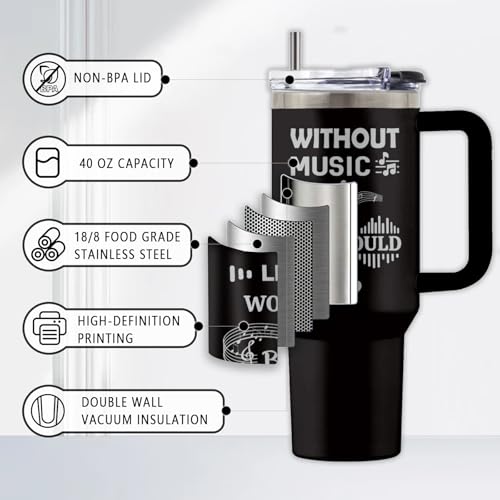 Music 40oz Tumbler, with Handle Straw, Stainless Steel Coffee Cup - color: Music Laser