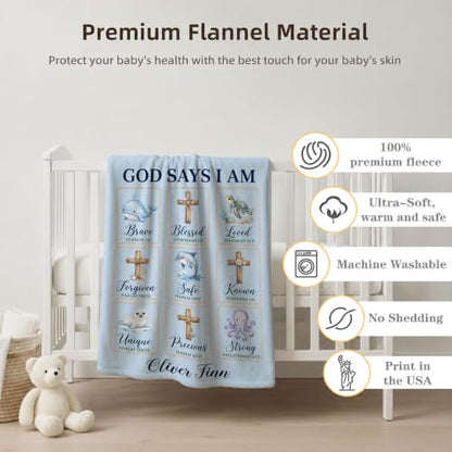 Personalized God Says I Am Ocean Baby Blanket, Christian Baby Blanket - color: Blue #2
