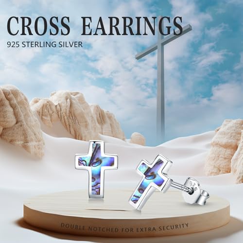Opal Cross Stud Earrings, 925 Sterling Silver Hypoallergenic Stud Earrings - style: Abalone cross 8mm