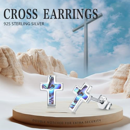 Opal Cross Stud Earrings, 925 Sterling Silver Hypoallergenic Stud Earrings - style: Abalone cross 8mm