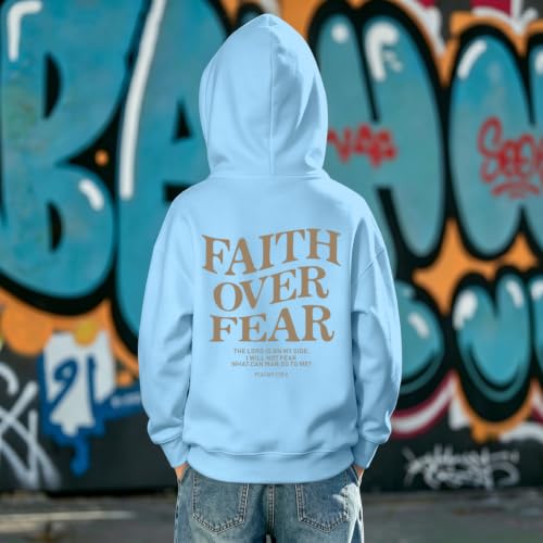 Fkatuzi Boys Christian Faith Over Fear Hoodie Kids Jesus Sweatshirt Faith Verse Bible God Religious Graphic Hoodies Pullover - color: Light Blue, size: 11-12 Years