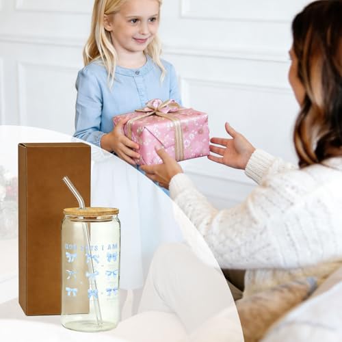 IWXYI Coquette Blue Bow Christian Glass Cup with Lids and Straws 14oz, Christian Gifts for Women, God Says I Am Bible Verse Religious Iced Coffee Tea Drinking Glasses with Cleaning Brush - color: Blue bow