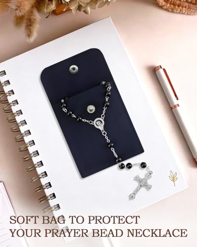 Rosary Beads for Women - Catholic Rosary Beads with Cross, Pink Crystal Rosary Necklace with Velvet Pouch, Religious Gifts for Women - color: Black