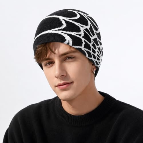 Unisex Stretch Warm Winter Skull Cap, Cold Weather Knit Beanie - color: White Spider Web Pattern