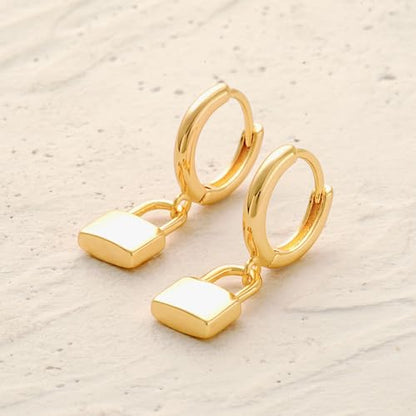 MYEARS Women Earrings Gold Huggie Hoop Dangle Drop 14K Gold Plated Small Simple Hypoallergenic Everyday Jewelry - style: Padlock