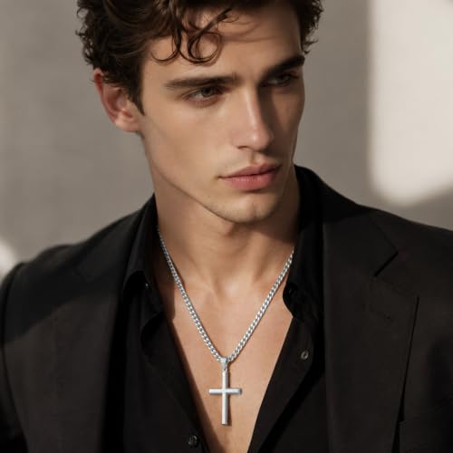 Sterling Silver Beveled Edge Cross Necklace for Men Women, S925 Cross Pendant with 5mm Cuban Chain, Non Tarnish Durable Stainless Steel Necklace, Silver Religious Jewelry, 16-30 Inch - color: Silver Cross Necklace, size: 24 in=61 cm