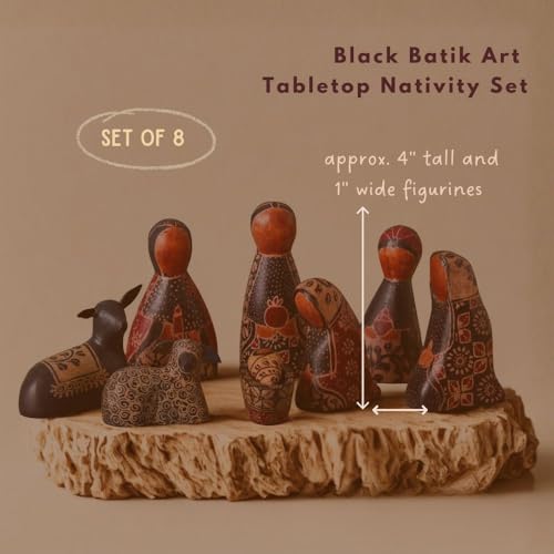 Black Batik Nativity Set, Christmas Decorations, Collectible Figurines, Xmas Indoor Home Decor - Fireplace Mantel, Desk, Shelf, Wooden Statues, 8pcs