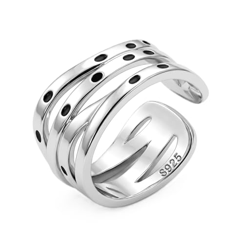 S925 Sterling Silver Open Ring for Women, Platinum Plated Adjustable Cross Line Band Minimalist Finger Jewelry Gift for Birthday
