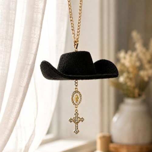Baptism Car Charm Cowboy Hat Rear View Mirror, Virgin Mary Cross for Car - color: Virgin Mary B