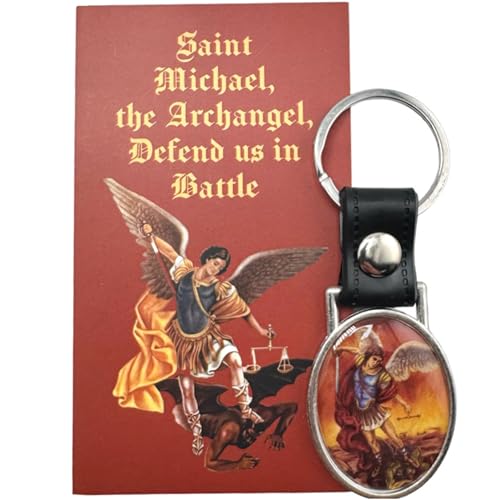 Westmon Works St Michael Keychain Pack Metal and Leather Key Ring with Holy Prayer Card