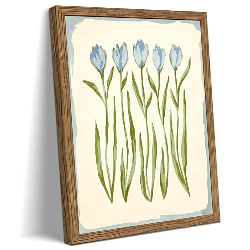 Botanical Blue Tulip Wall Art Framed Canvas Painting, Minimalist Floral Print Poster Picture, Rustic Farmhouse Flower Wall Decor Oil Paintings for Bedroom Living Room Bathroom Office Decor 16x24 Inch - color: A-Blue Tulips, size: 24"L x 16"W