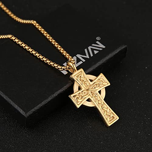 HZMAN Stainless Steel Celtic Cross Necklace for Men Women,Waterproof - color: Gold