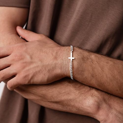 M MOOHAM Cross Bracelet for Men, Silver/14K Gold Plated Mens Bracelet - color: Silver Plated Cuban Chain-8.3Inch