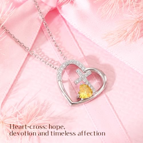 JSJOY Cross Necklace Christian Gifts for Women Heart Birthstone Necklace Religious Birthday Gifts for Mom Daughter Christmas Stocking Stuffers Baptism Confirmation Gifts for Teens - color: Silver - 02 Amethyst