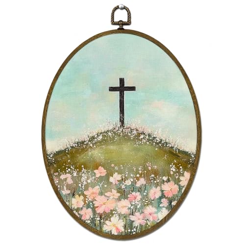LLOKARNORA Easter Cross Floral Landscape Oval Canvas Wall Art, Countryside Christian Cross Framed Wall Art Decor, Easter Religous Flower Prints Hanging Decor for Prayer Room Bedroom, 8.7x11.3 Inch - color: cross