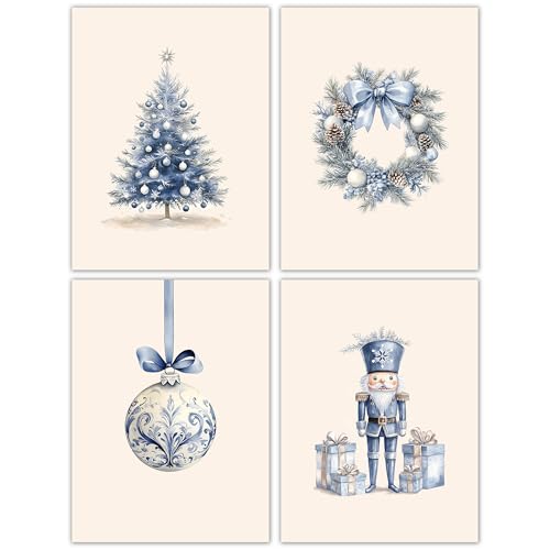 DOFQZ Blue and White Chinoiserie Christmas Wall Art Prints Set of 4, Grandmillenial Christmas Decor, Nutcracker Xmas Tree Wreath Holiday Winter Posters for Girls Dorm Apartment Decor, 12x16 Unframed - color: 11Child, size: 12*16