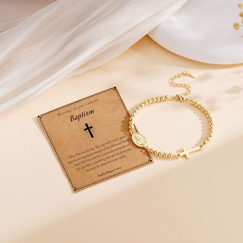 First Communion Gifts for Girls Virgin Mary Cross Bracelet Non Tarnish Baptism 1st Holy Communion Confirmation Gifts Christian Religious Catholic Jewelry - color: Baptism,Gold