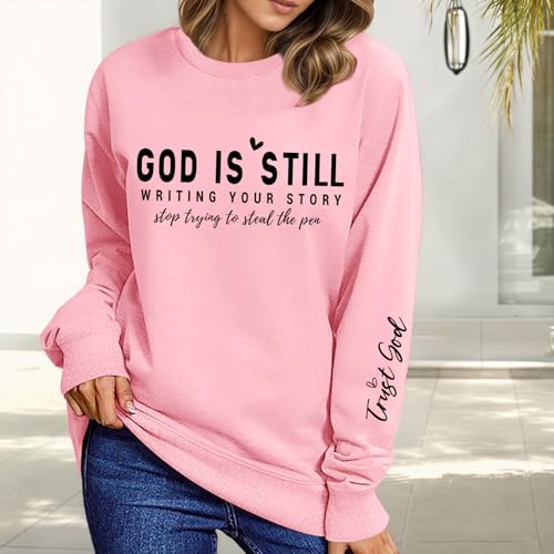 PAIEXILY Christian Crewneck Sweatshirts for Women God Faith Bible Verse Pullover Jesus Religious Long Sleeve Shirts Tops - color: Pink, size: Small