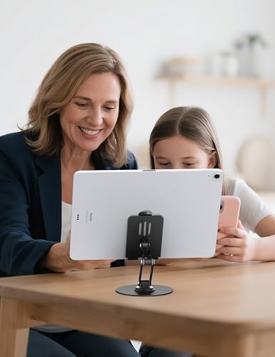 360° Rotating Cell Phone Stand for Desk, Adjustable Foldable Aluminum Phone Holder with Anti-Slip Base, Sturdy Desktop Stand Compatible with iPhone, iPad, Android Phones – Black - color: Black