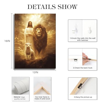 RJETZMU Jesus Lion and Lamb Christian Canvas Art, Gallery Wrapped, 12x16 - color: Golden Jesus, size: 16"L x 12"W