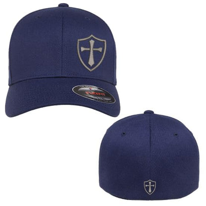 Crusader Cross Military Logo Front and Back Embroidered Fitted Hat Black Grey Navy Red Olive Royal Blue Curved or Flat Brim - color: Black Curved, size: Large-X-Large