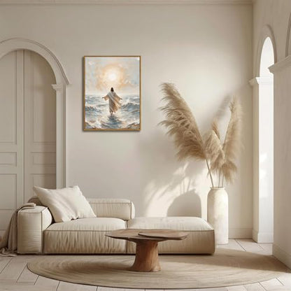 Jesus Walking on Water Sunlight Framed Canvas Wall Art 12x16 inch - color: Sunlight, size: 12"x16" Natural