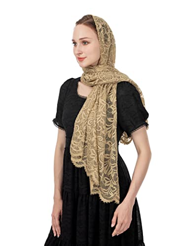 Wgior Rectangular Chapel Veil Scarf Catholic Church Veils Mantilla Wrap Shawl Mass Head Covering - color: Beige